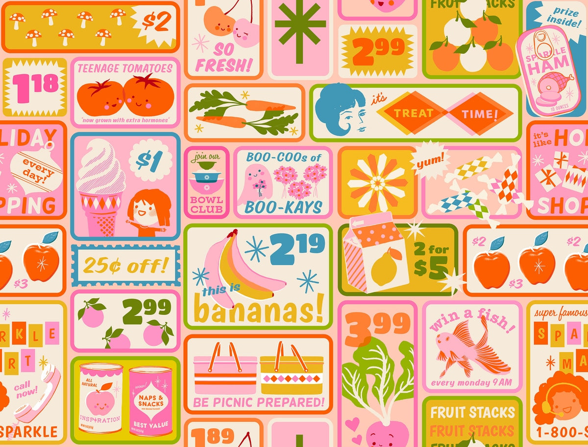 Retro market labels and produce cotton quilting fabric from Sparkle Shopper by Ruby Star Society's Melody Miller. Pink, orange, yellow.