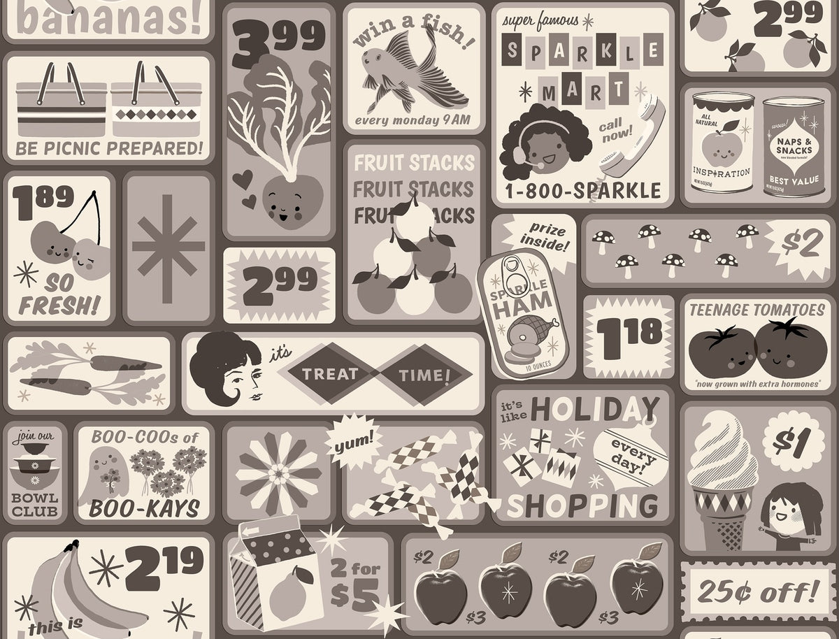 Newsprint retro grocery store ads on Sparkle Shopper by Ruby Star Society's Melody Miller cotton quilting fabric. Features ads, fruit, ghosts, and shopping themes in taupe, ivory, and charcoal.