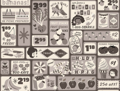 Newsprint retro grocery store ads on Sparkle Shopper by Ruby Star Society's Melody Miller cotton quilting fabric. Features ads, fruit, ghosts, and shopping themes in taupe, ivory, and charcoal.