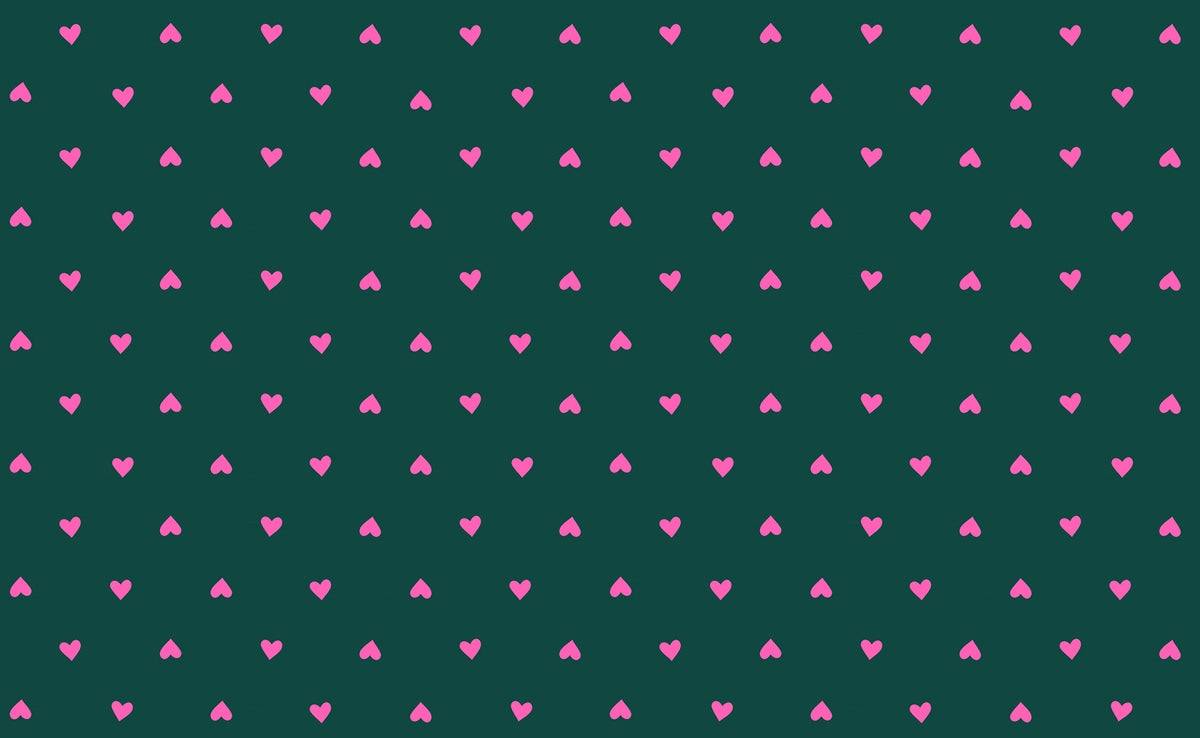 Moda's pink hearts on pine green Sparkle Shopper by Ruby Star Society's Melody Miller cotton quilting fabric. Ideal for Valentine's Day or nursery projects.