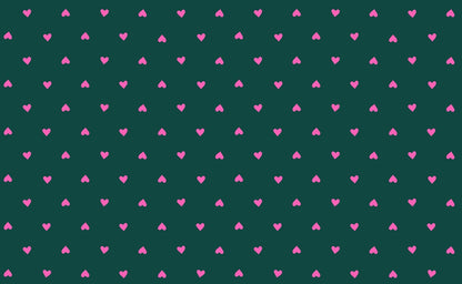 Moda's pink hearts on pine green Sparkle Shopper by Ruby Star Society's Melody Miller cotton quilting fabric. Ideal for Valentine's Day or nursery projects.