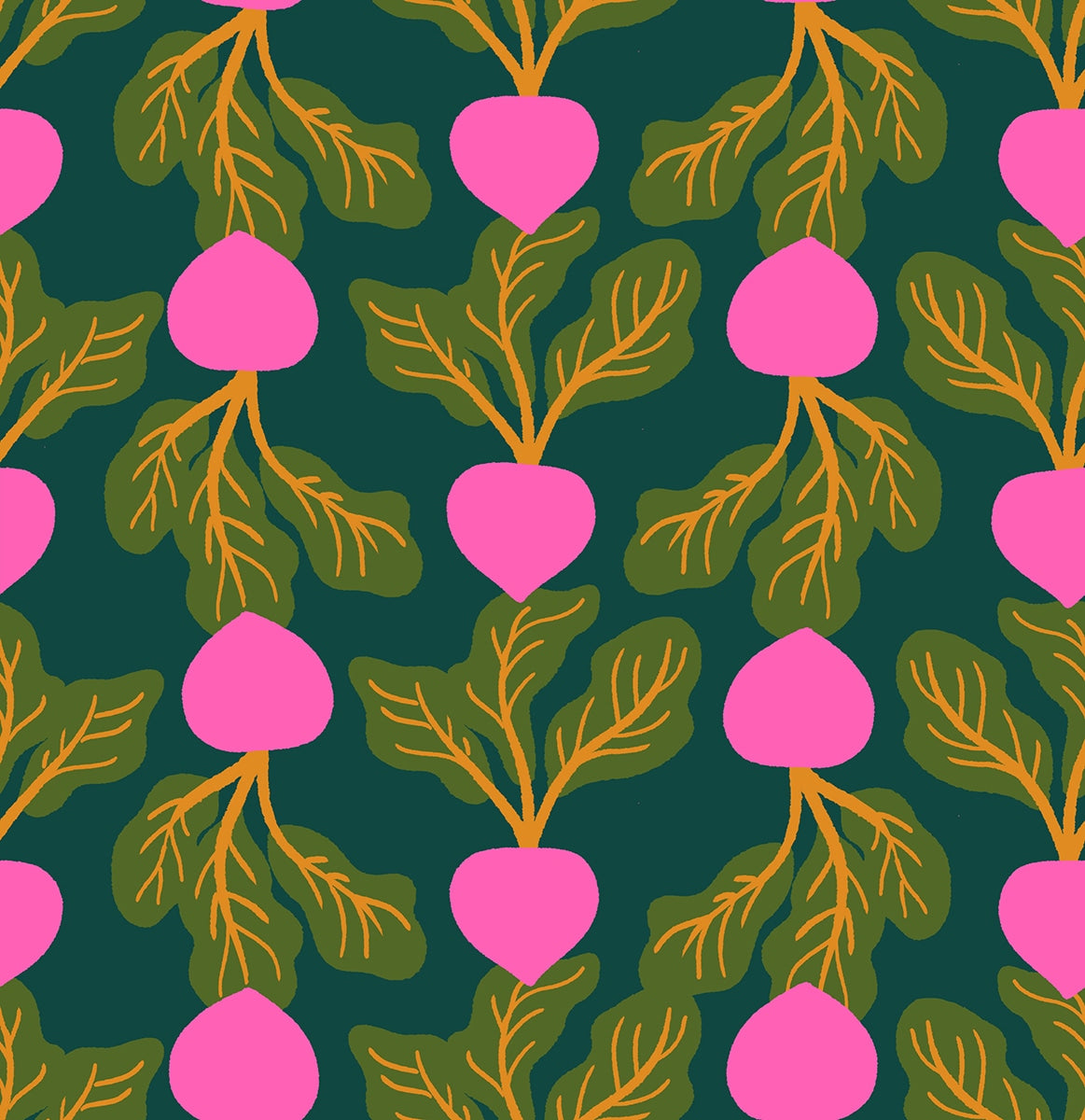 Moda's garden theme pink radishes with olive green leaves on pine green Sparkle Shopper by Ruby Star Society's Melody Miller cotton quilting fabric.
