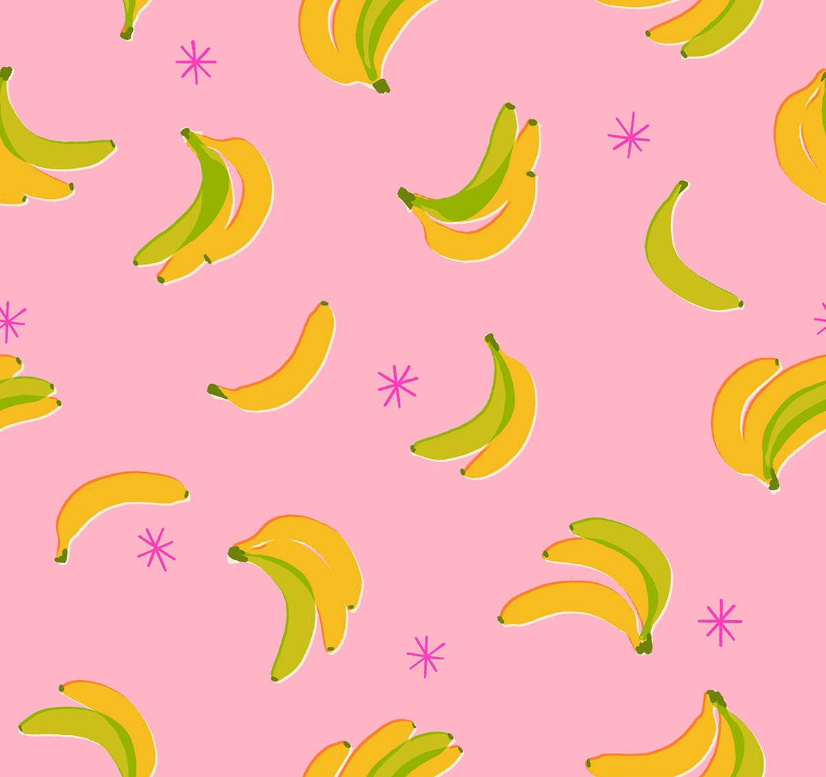 Sparkle Shopper by Ruby Star Society's Melody Miller cotton quilting fabric. Bright pink bananas, yellow & lime bananas, asterisks on posy pink.