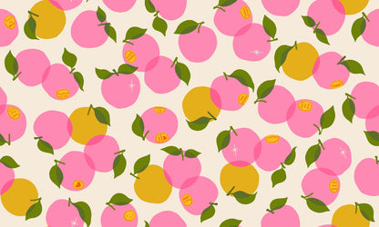 Moda's pink and yellow citrus fruits cotton quilting fabric from Sparkle Shopper by Ruby Star Society's Melody Miller, with green leaves on cream.