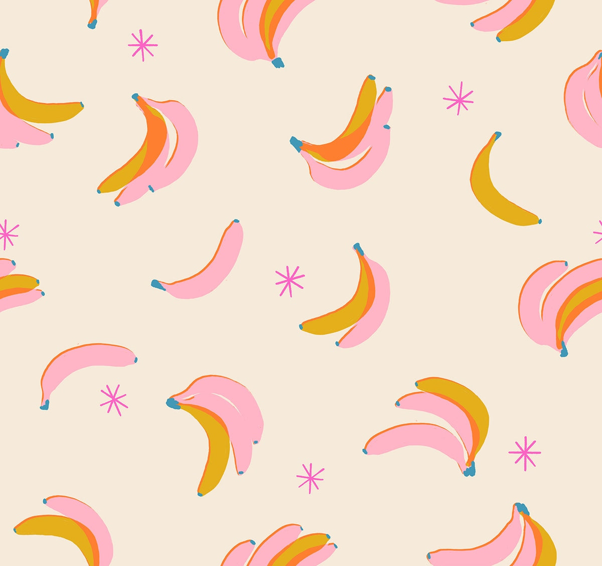 Moda's tropical nursery pink and yellow bananas with starbursts on shell Sparkle Shopper by Ruby Star Society's Melody Miller cotton quilting fabric.