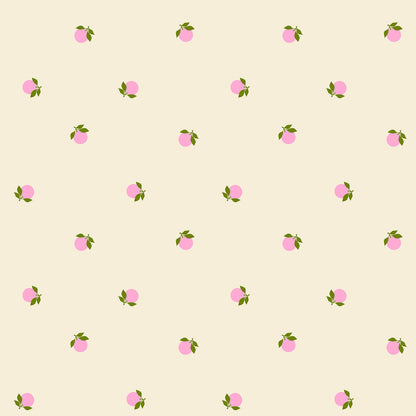 Pink fruits with olive leaves on shell cream cotton quilting fabric, Sparkle Shopper by Ruby Star Society's Melody Miller. Nursery, spring themes.