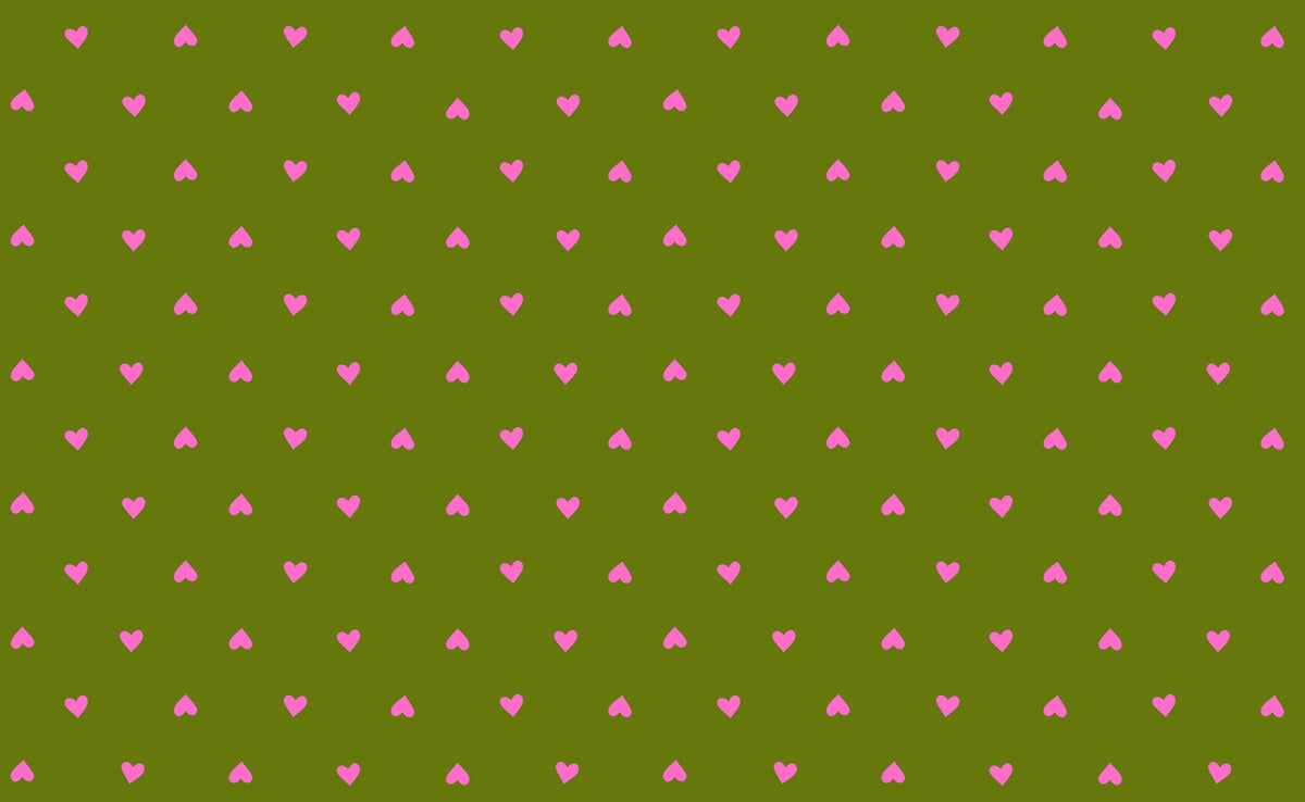 Moda's pink hearts on sprout green cotton quilting fabric, Sparkle Shopper by Ruby Star Society's Melody Miller, for Valentine's Day or nursery.