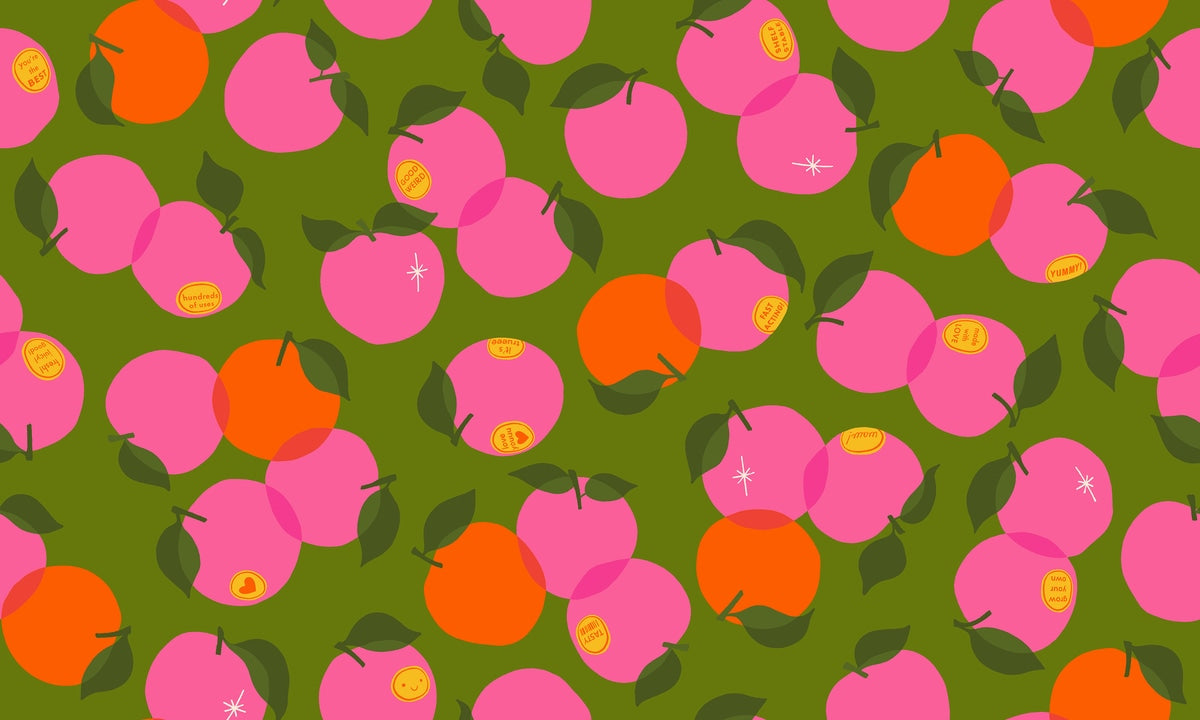 Moda's Sparkle Shopper by Ruby Star Society's Melody Miller cotton quilting fabric features pink and orange apples with leaves on sprout green, with botanical, fruit, and spot motifs.