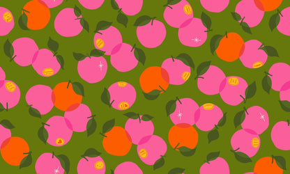 Moda's Sparkle Shopper by Ruby Star Society's Melody Miller cotton quilting fabric features pink and orange apples with leaves on sprout green, with botanical, fruit, and spot motifs.