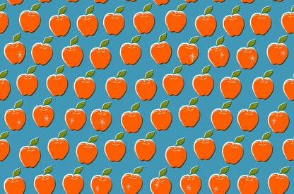 Stylized orange apples and green leaves on vintage blue cotton quilting fabric. Moda's Sparkle Shopper by Ruby Star Society's Melody Miller.