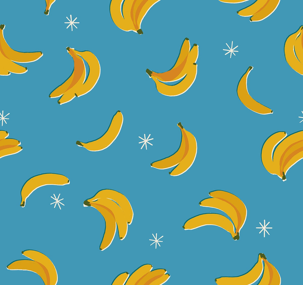 Vintage blue cotton quilting fabric with yellow bananas and white stars. Sparkle Shopper by Ruby Star Society's Melody Miller.