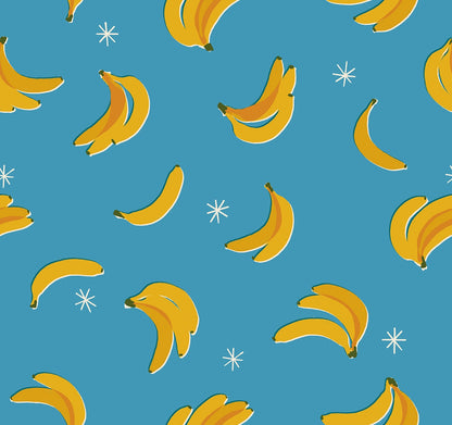 Vintage blue cotton quilting fabric with yellow bananas and white stars. Sparkle Shopper by Ruby Star Society's Melody Miller.