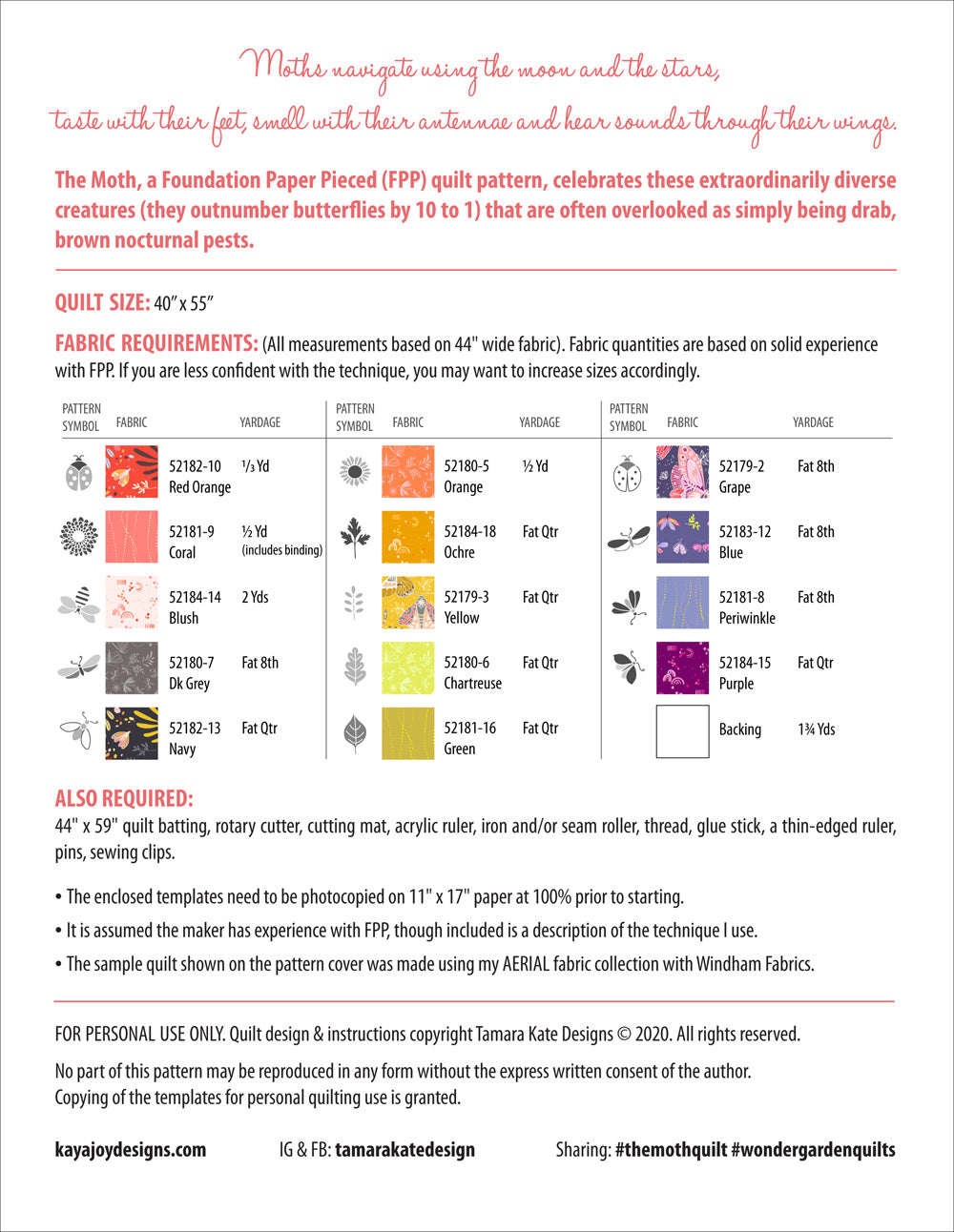 The Moth - Quilt Pattern - Tamara Kate - TKW 001 - Paper Pattern