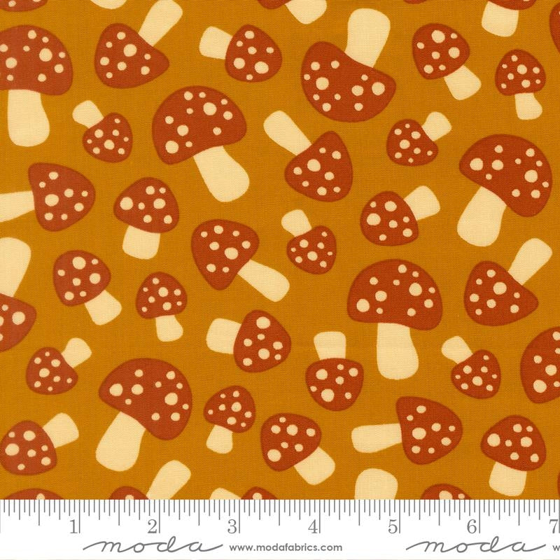 Woodland mushrooms on chai cotton quilting fabric, Toast and Jam collection by Elizabeth Hartman, with toast and cream spotted mushroom caps.