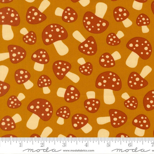 Woodland mushrooms on chai cotton quilting fabric, Toast and Jam collection by Elizabeth Hartman, with toast and cream spotted mushroom caps.