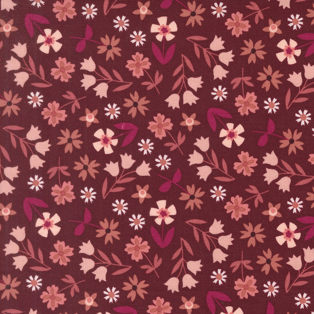 Moda's boysenberry tossed floral cotton quilting fabric with small pink, white, and salmon flowers and leaves. Toast and Jam by Elizabeth Hartman.