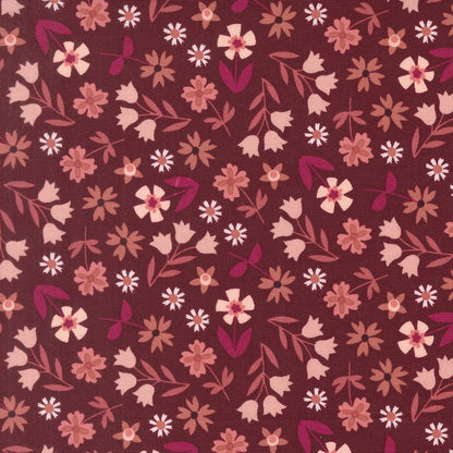 Moda's boysenberry tossed floral cotton quilting fabric with small pink, white, and salmon flowers and leaves. Toast and Jam by Elizabeth Hartman.