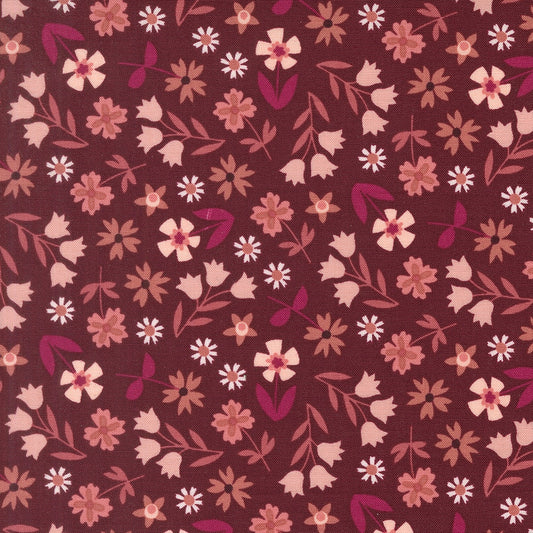 Moda's boysenberry tossed floral cotton quilting fabric with small pink, white, and salmon flowers and leaves. Toast and Jam by Elizabeth Hartman.