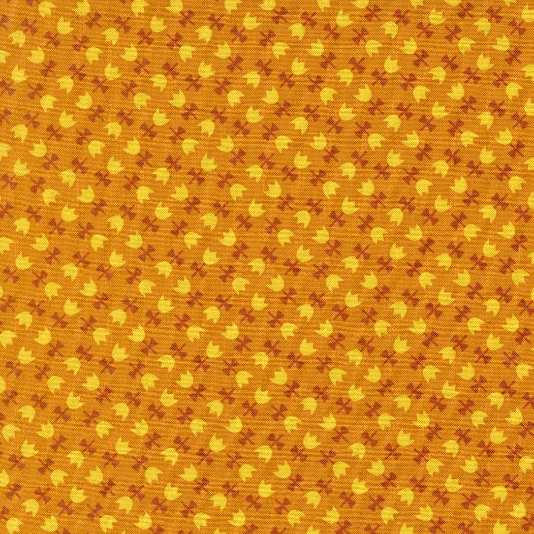 Autumnal tulips on chai cotton quilting fabric from Moda's Toast and Jam by Elizabeth Hartman, with small yellow tulips and rust bows on orange background.