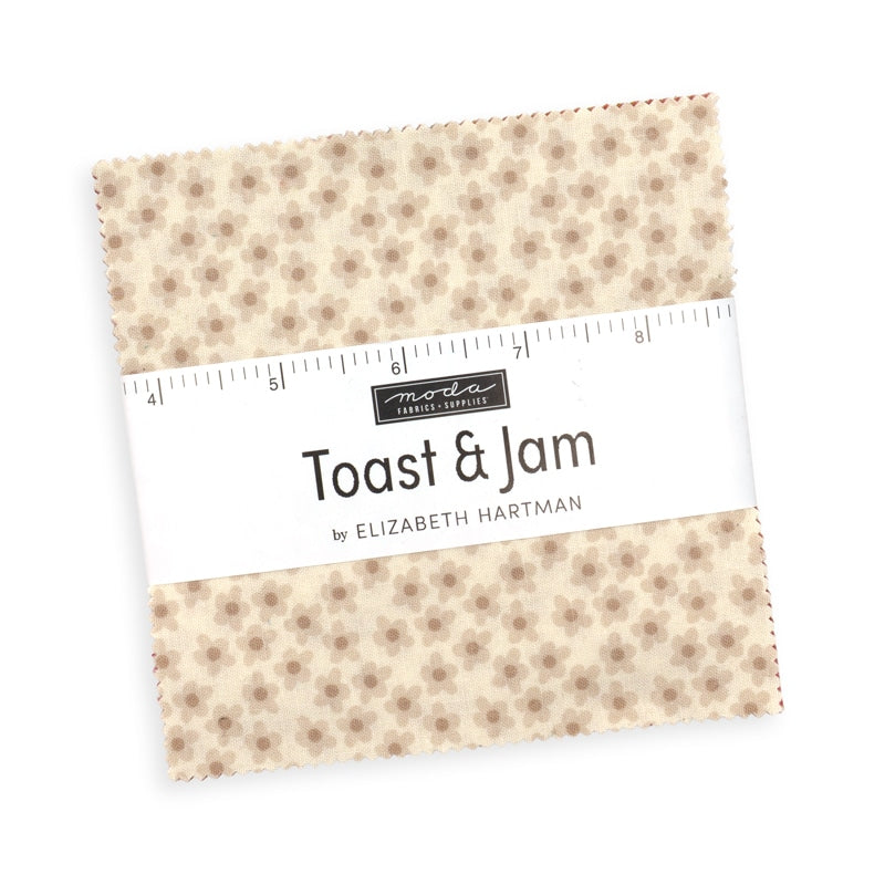 Moda's Toast and Jam Charm Pack by Elizabeth Hartman. 42 squares of cotton quilting fabric, 5 in x 5 in, SKU 51290PP