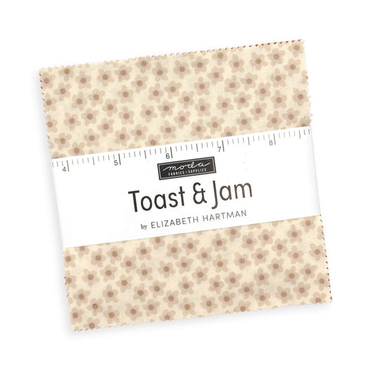 Moda's Toast and Jam Charm Pack by Elizabeth Hartman. 42 squares of cotton quilting fabric, 5 in x 5 in, SKU 51290PP