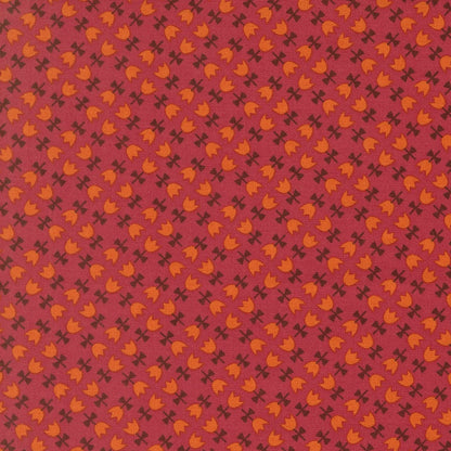 Moda's orange tulips with dark brown leaves on chrysanthemum cotton quilting fabric, Toast and Jam by Elizabeth Hartman.