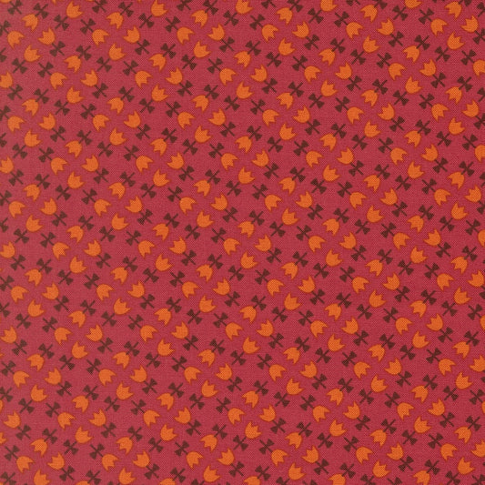 Moda's orange tulips with dark brown leaves on chrysanthemum cotton quilting fabric, Toast and Jam by Elizabeth Hartman.