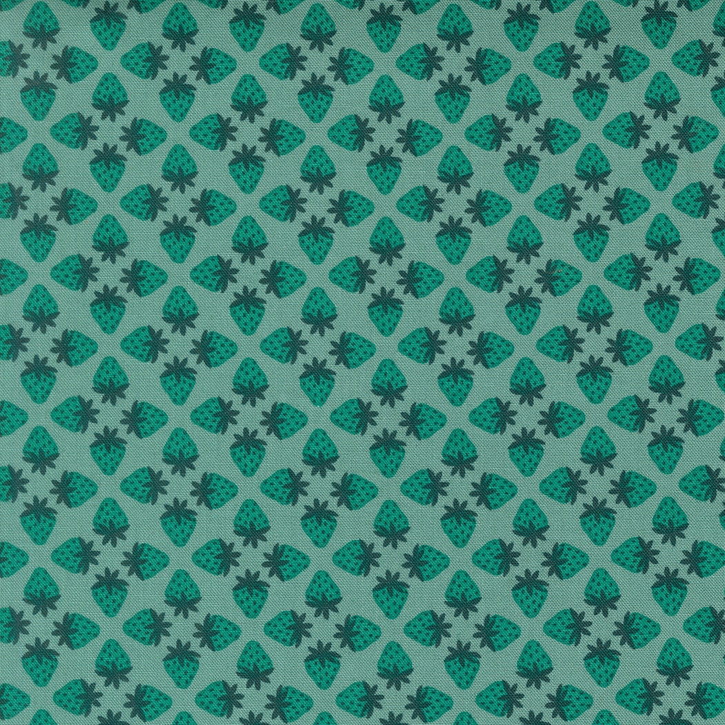 Moda's summer green strawberries and teal flowers on aqua Toast and Jam by Elizabeth Hartman cotton quilting fabric.