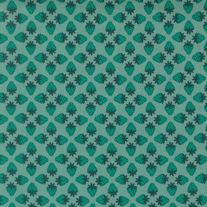 Moda's summer green strawberries and teal flowers on aqua Toast and Jam by Elizabeth Hartman cotton quilting fabric.