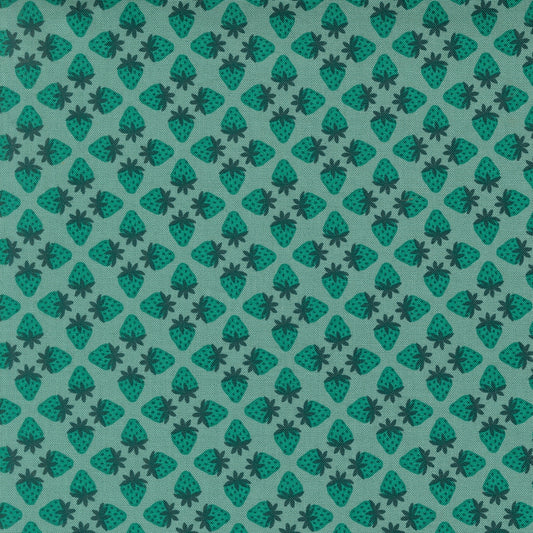Moda's summer green strawberries and teal flowers on aqua Toast and Jam by Elizabeth Hartman cotton quilting fabric.