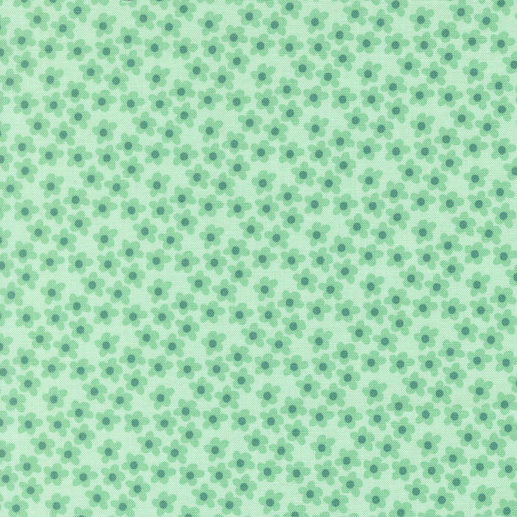 Cool mint background with small mint green flowers and teal centers for Moda's Toast and Jam by Elizabeth Hartman cotton quilting fabric.