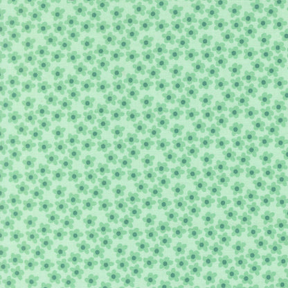 Cool mint background with small mint green flowers and teal centers for Moda's Toast and Jam by Elizabeth Hartman cotton quilting fabric.