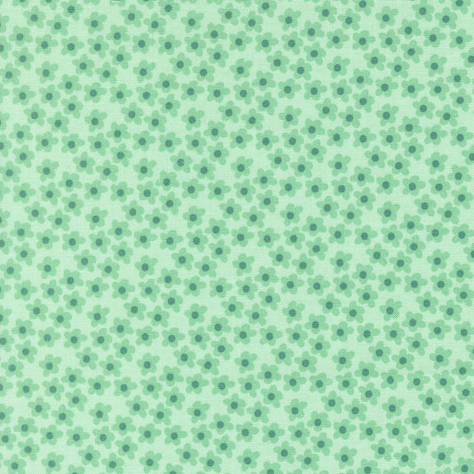 Cool mint background with small mint green flowers and teal centers for Moda's Toast and Jam by Elizabeth Hartman cotton quilting fabric.