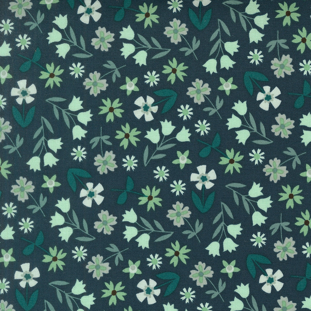 Deep sea scattered flowers Toast and Jam by Elizabeth Hartman cotton quilting fabric for spring garden projects, with mint, sage, and off-white blossoms.