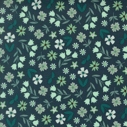 Deep sea scattered flowers Toast and Jam by Elizabeth Hartman cotton quilting fabric for spring garden projects, with mint, sage, and off-white blossoms.