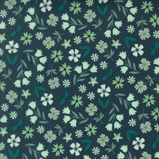 Deep sea scattered flowers Toast and Jam by Elizabeth Hartman cotton quilting fabric for spring garden projects, with mint, sage, and off-white blossoms.