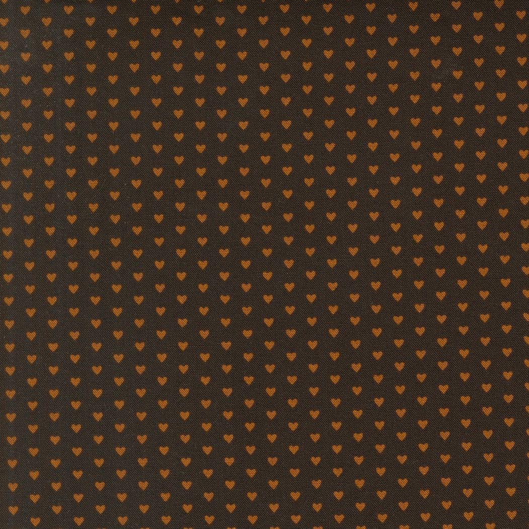 Moda's Small orange hearts on dark espresso brown for a love theme. Toast and Jam by Elizabeth Hartman cotton quilting fabric.