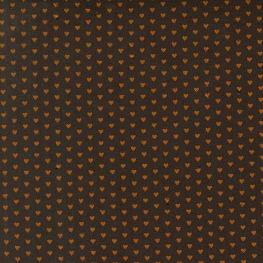 Moda's Small orange hearts on dark espresso brown for a love theme. Toast and Jam by Elizabeth Hartman cotton quilting fabric.
