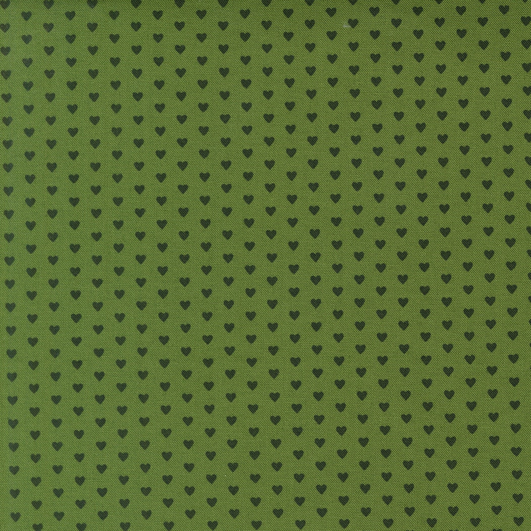 Moda's small dark hearts in a geometric pattern on evergreen Toast and Jam by Elizabeth Hartman cotton quilting fabric