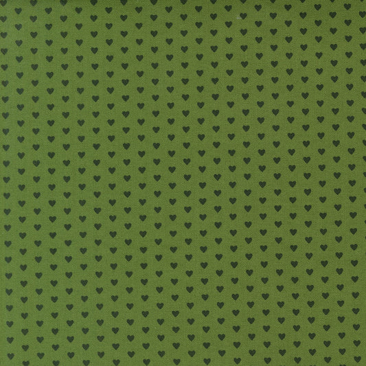 Moda's small dark hearts in a geometric pattern on evergreen Toast and Jam by Elizabeth Hartman cotton quilting fabric