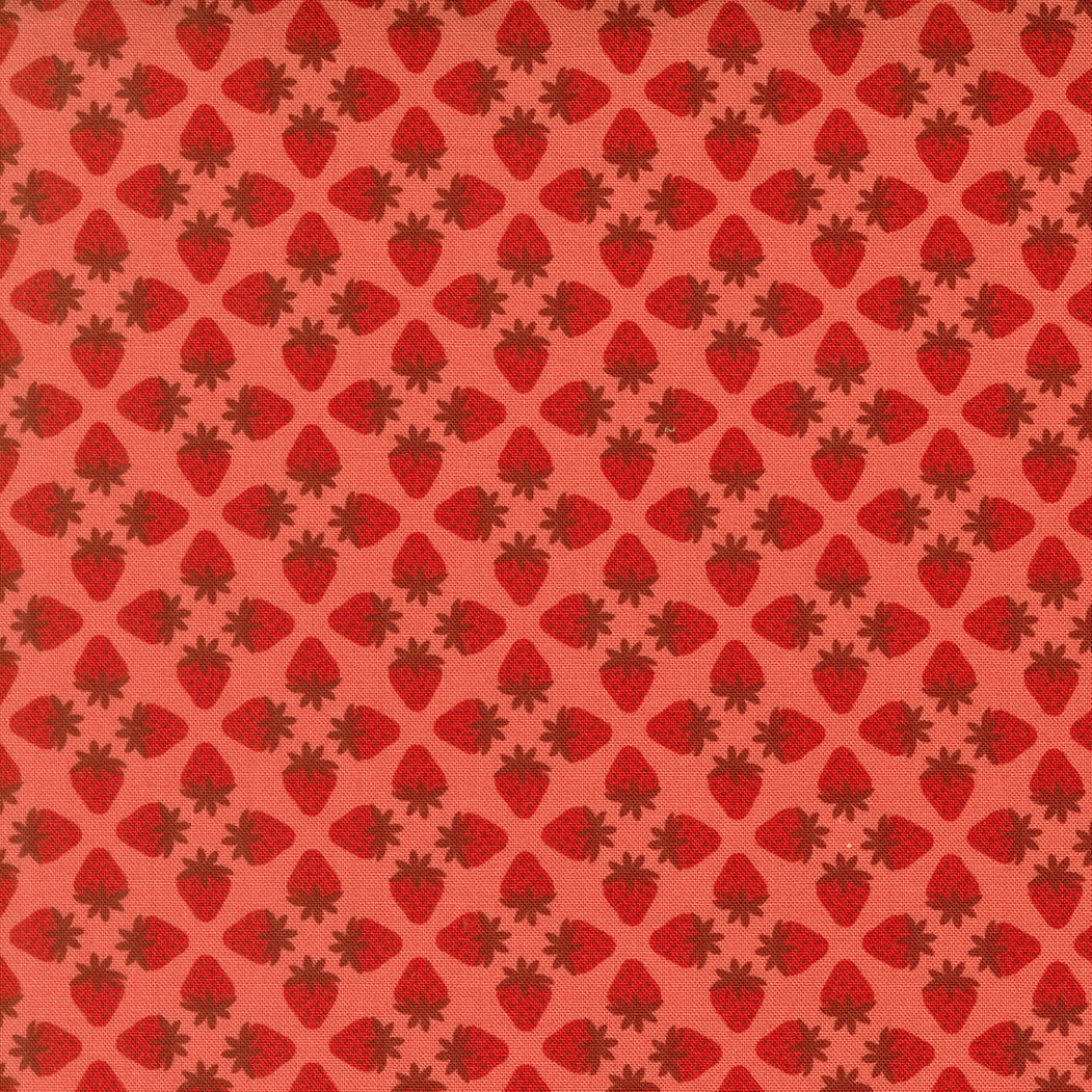Moda's small red strawberries with dark brown caps on flamingo cotton quilting fabric. Toast and Jam by Elizabeth Hartman. Farm, summer themes, geometric motif.