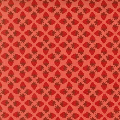 Moda's small red strawberries with dark brown caps on flamingo cotton quilting fabric. Toast and Jam by Elizabeth Hartman. Farm, summer themes, geometric motif.