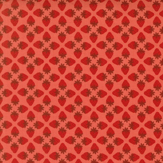 Moda's small red strawberries with dark brown caps on flamingo cotton quilting fabric. Toast and Jam by Elizabeth Hartman. Farm, summer themes, geometric motif.