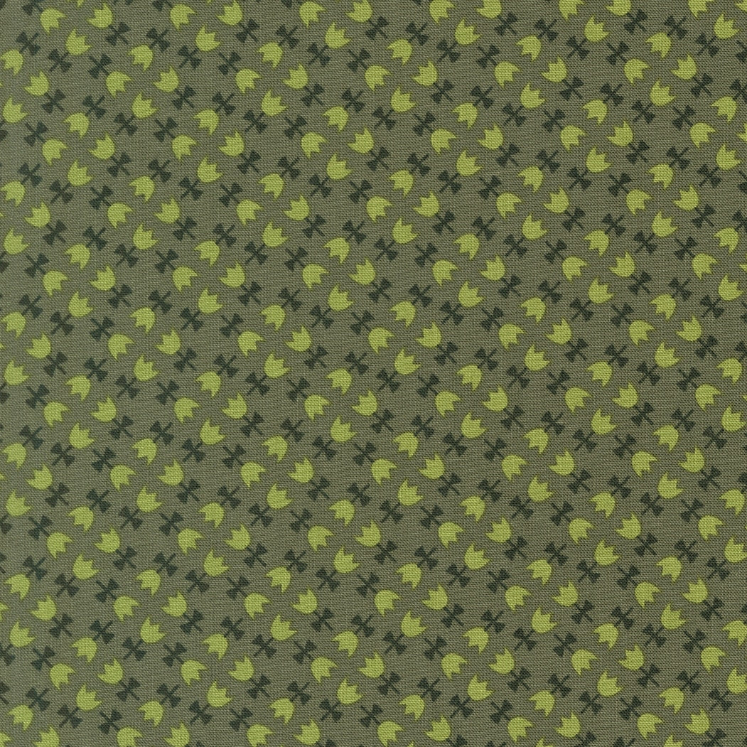 Lime green & dark moss bell flowers & abstract shapes on forest green background, Toast and Jam by Elizabeth Hartman cotton quilting fabric.