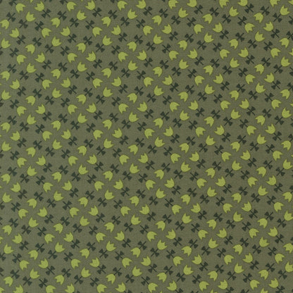 Lime green & dark moss bell flowers & abstract shapes on forest green background, Toast and Jam by Elizabeth Hartman cotton quilting fabric.