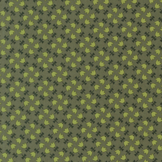 Lime green & dark moss bell flowers & abstract shapes on forest green background, Toast and Jam by Elizabeth Hartman cotton quilting fabric.