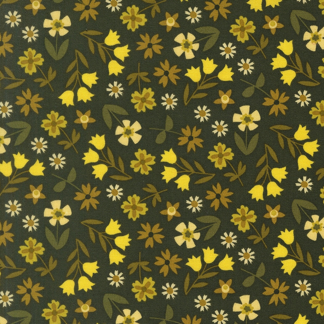 Hunter botanical floral cotton quilting fabric, Toast and Jam by Elizabeth Hartman. Dark green background with yellow, cream, and olive flowers and leaves.