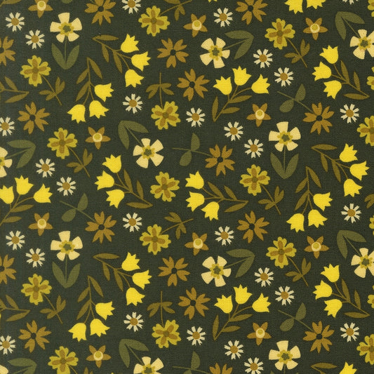 Hunter botanical floral cotton quilting fabric, Toast and Jam by Elizabeth Hartman. Dark green background with yellow, cream, and olive flowers and leaves.