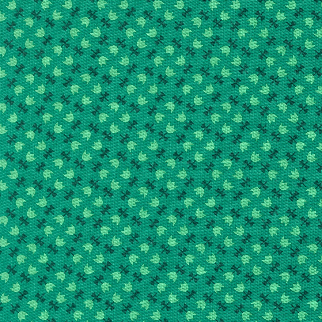 Jade green cotton quilting fabric with stylized mint green tulips, Moda's Toast and Jam by Elizabeth Hartman.