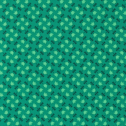 Jade green cotton quilting fabric with stylized mint green tulips, Moda's Toast and Jam by Elizabeth Hartman.